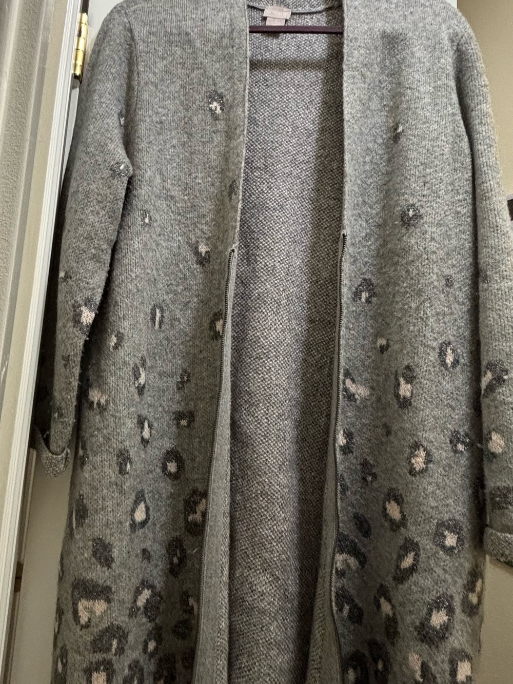 Chico's Grey Open-Front Leopard-Accent Long Cardigan